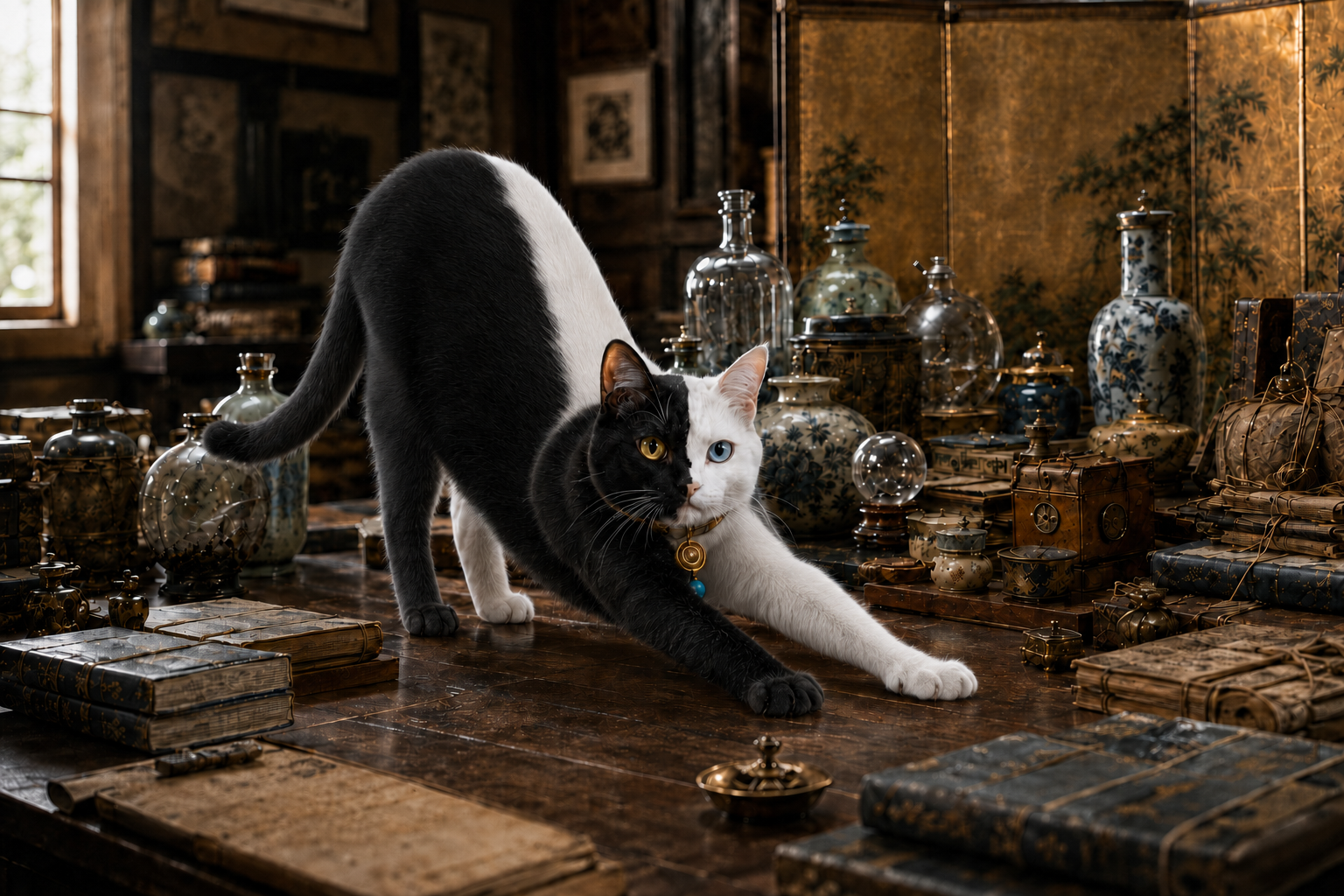 古い蔵の中で、白黒の猫がゆっくり伸びをしている